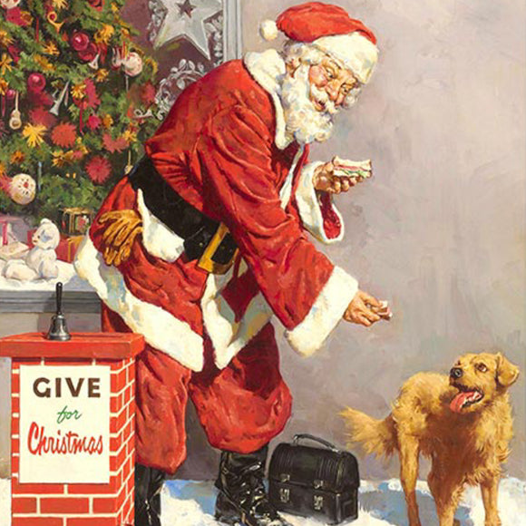 A4 rice paper design of Santa feeding a dog with a Christmas tree in the background in a window.