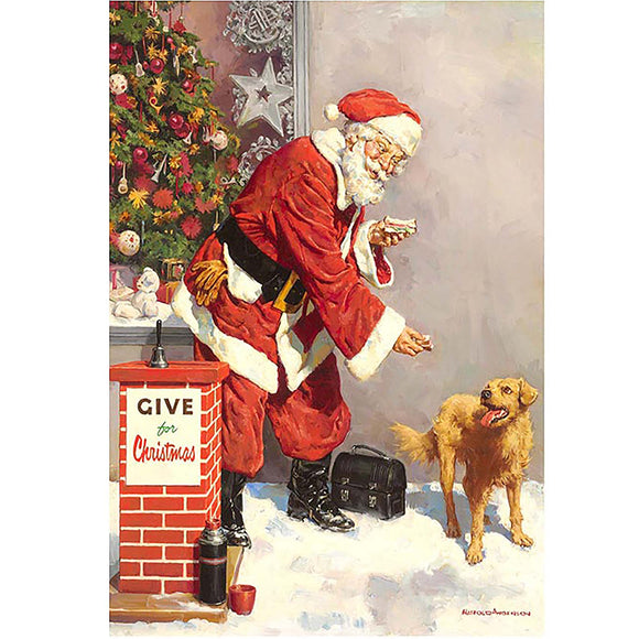 A4 rice paper design of Santa feeding a dog with a Christmas tree in the background in a window. White borders are on the sides.