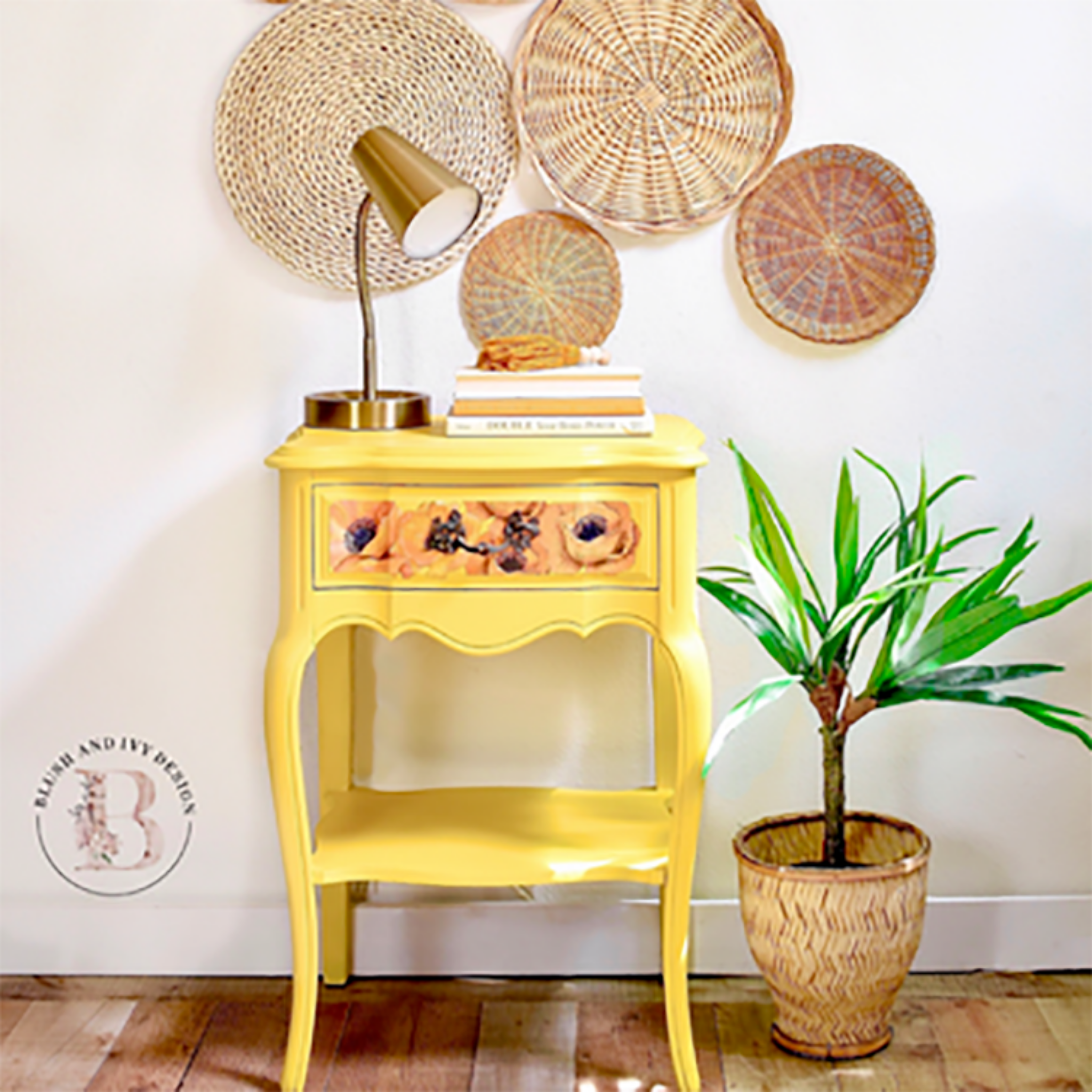 Yellow end table with the Sunflower Fields transfer on top. A Blush And Ivy Design logo on the bottom left.