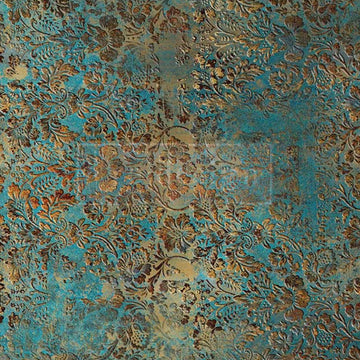 Close-up of an A1 fiber paper design of an aged floral patina.