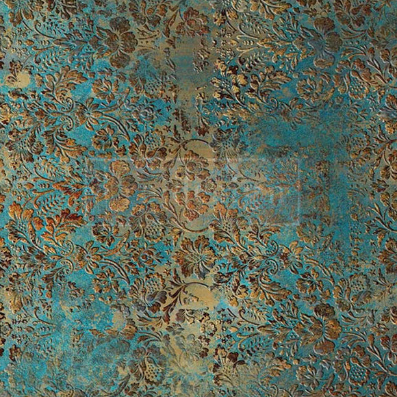 Close-up of an A1 fiber paper design of an aged floral patina.