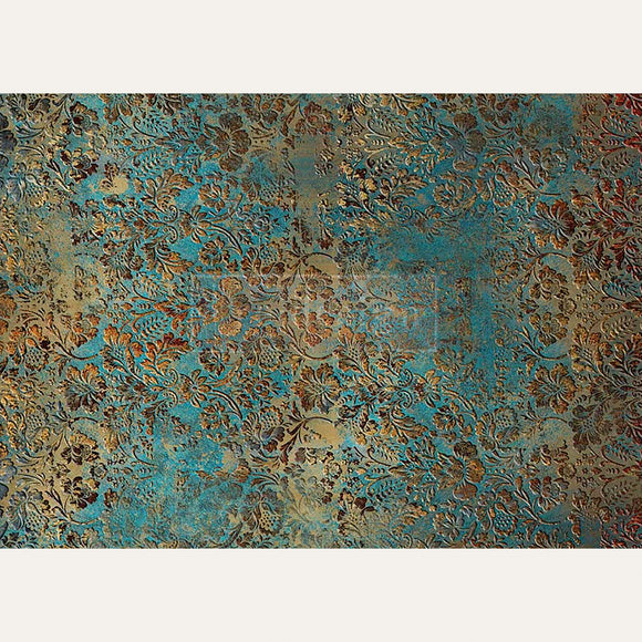 A1 fiber paper design of an aged floral patina. White borders are on the top and bottom.