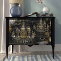 A vintage 3-drawer dresser is painted black and features ReDesign with Prima's Madelyn tissue paper on its drawers.