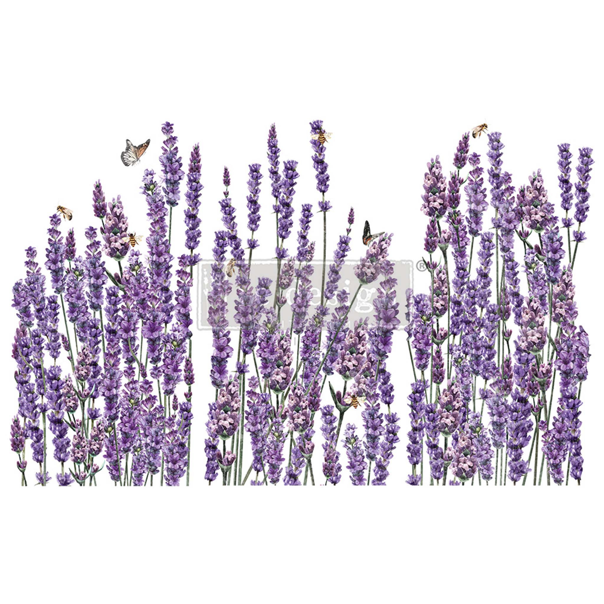 Rub-on transfer of beautiful lavender plants with butterflies and bees.