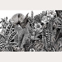 A rub-on transfer of jungle plants and flowers in black and white.