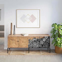 A vintage natural wood short buffet table that features the Abstract Jungle transfer on the right side cabinet doors.