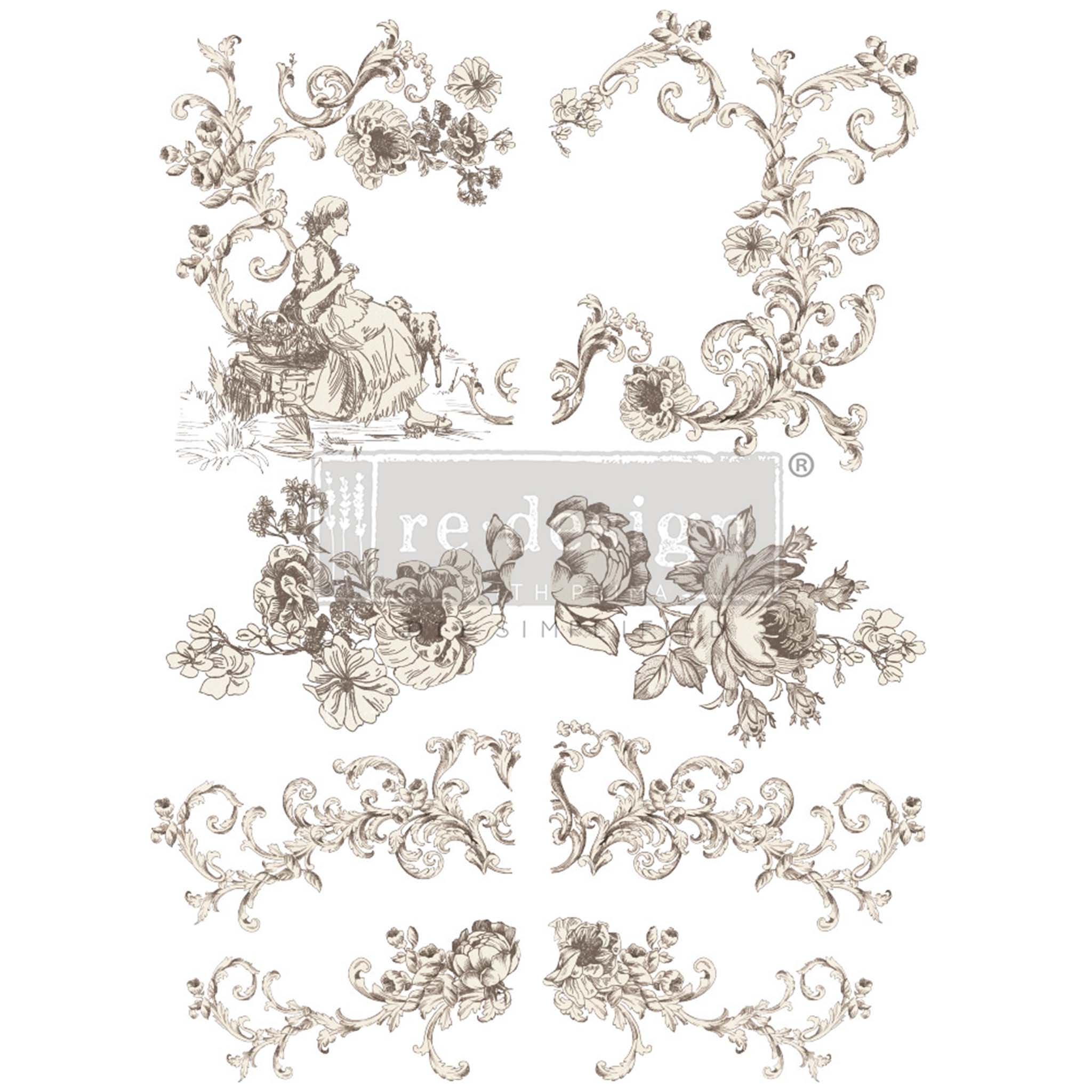 Rub-on furniture transfer design of 8 vintage dainty floral scrolls, one with a woman sitting.