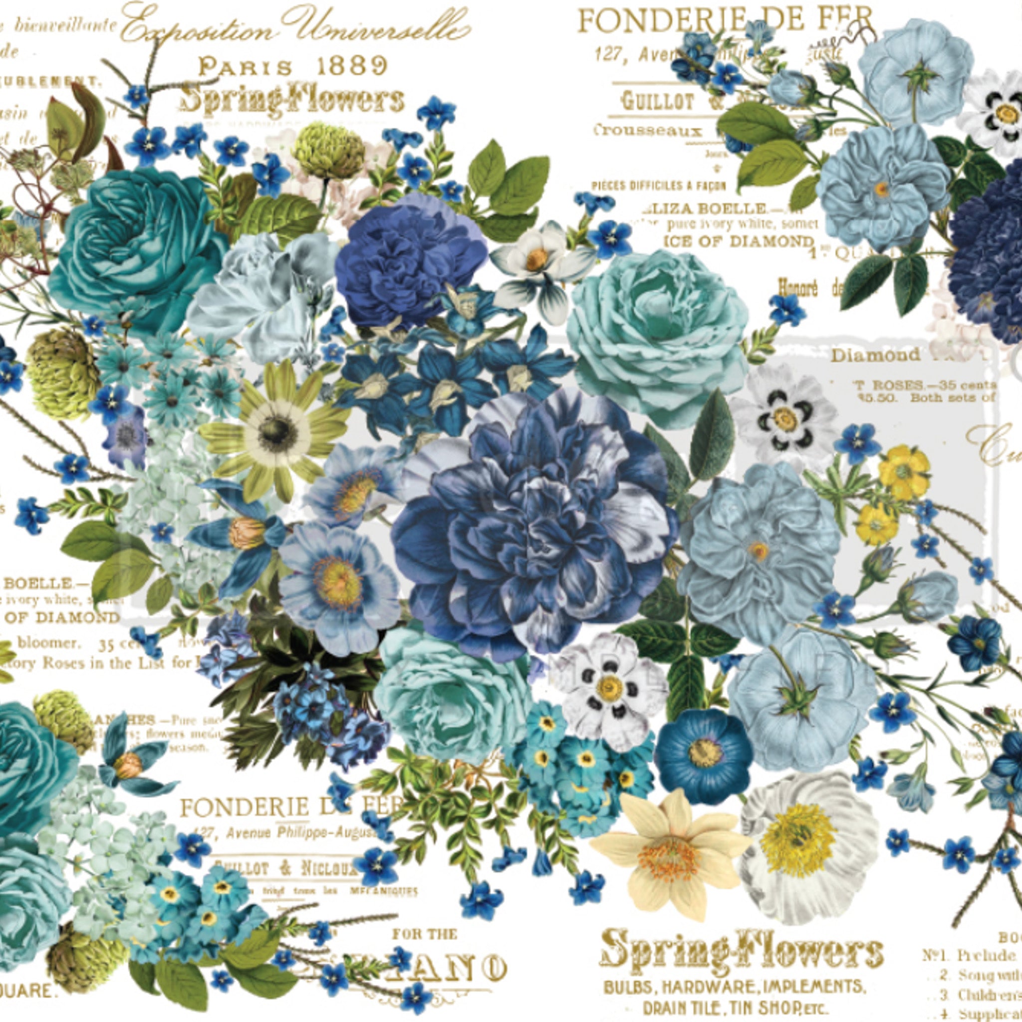 Rub-on transfer design of French writing with bouquets of blue flowers.