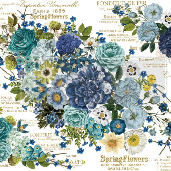 Rub-on transfer design of French writing with bouquets of blue flowers.