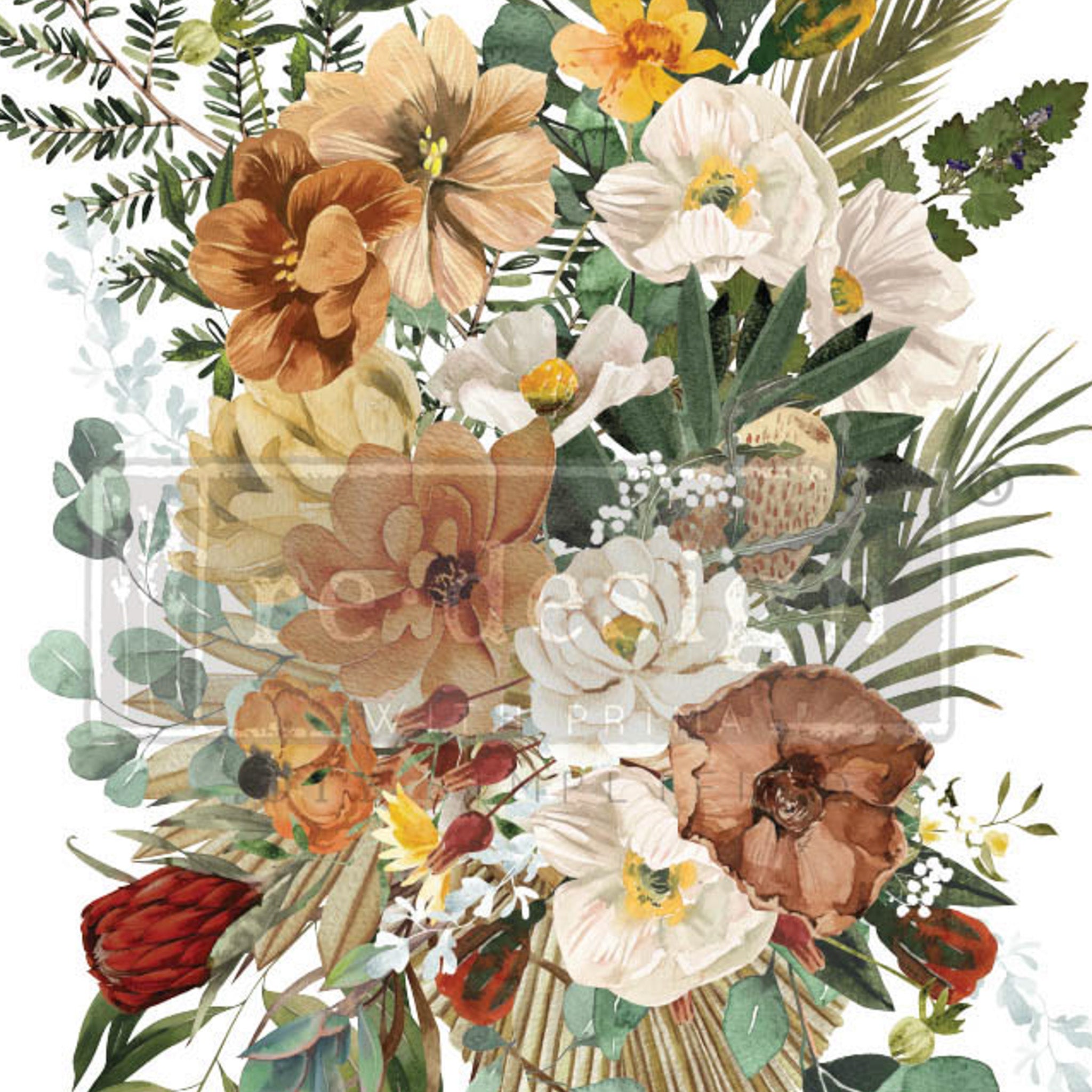 Rub-on transfer of neutral colored flowers and palm foliage.