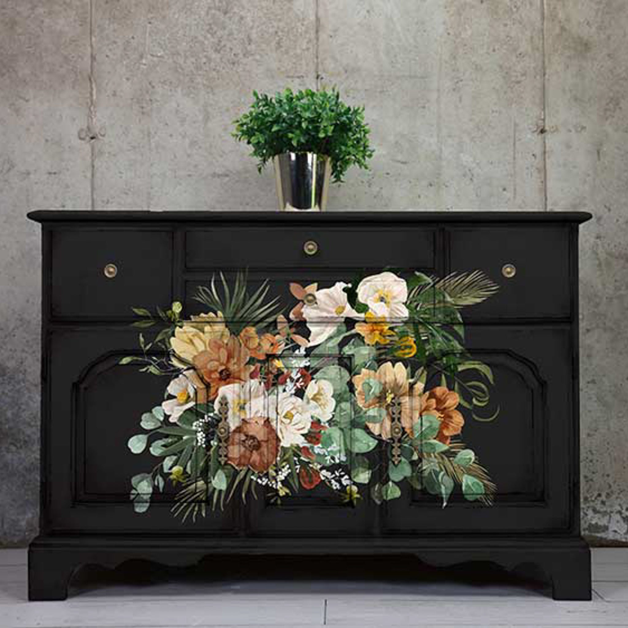 A black buffet table features the Kacha Elegant Neutrals transfer on the center front of its doors and drawers.