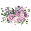 Rub-on transfer design of a beautiful large bouquet of pink and purple flowers with green leaf accents.