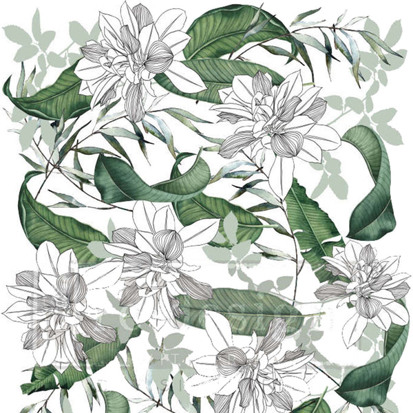 Rub-on transfer design of hand drawn white flowers with green leaves.