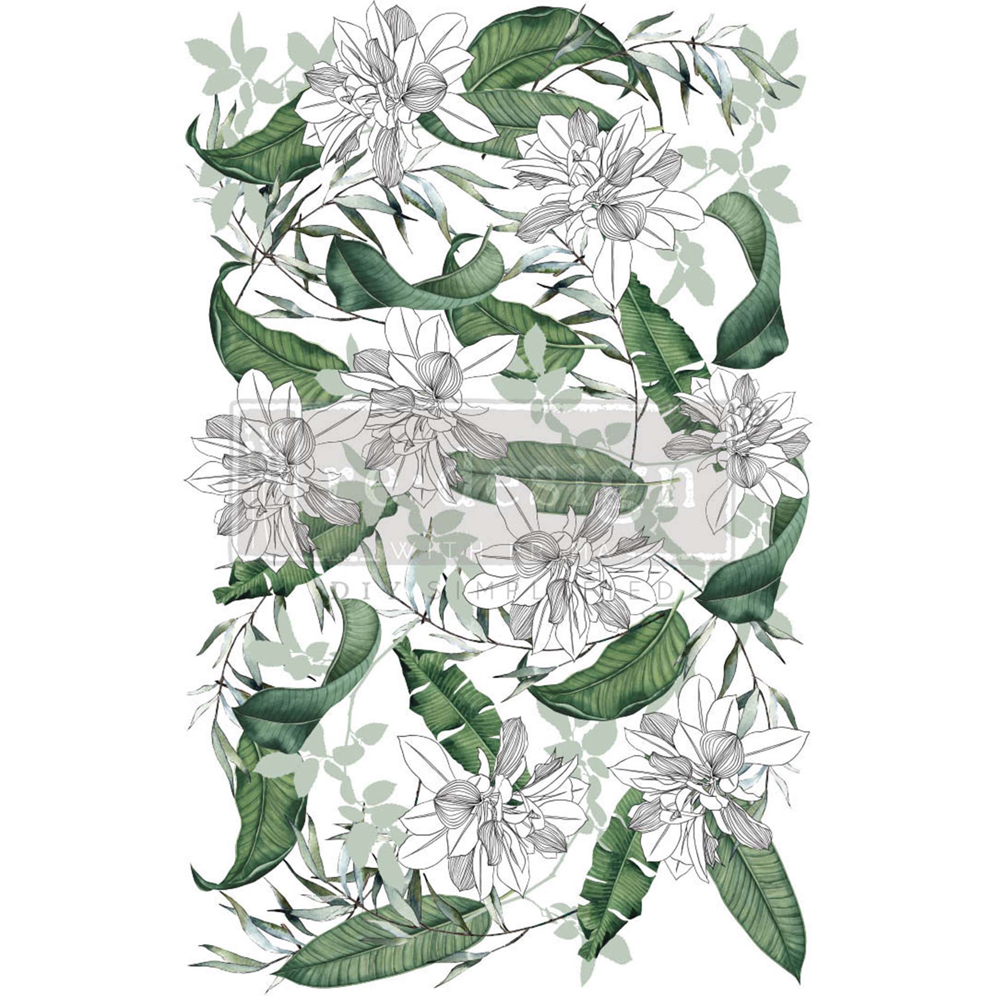 Rub-on transfer design of hand drawn white flowers with green leaves. White borders are on the sides.