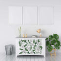 A 6-drawer console table is painted white and features ReDesign with Prima's Peaceful Garden transfer on the drawers.