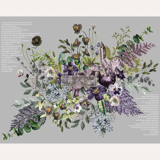 Rub-on transfer design of a large bouquet of many kinds of purple flowers. White borders are on the top and bottom.