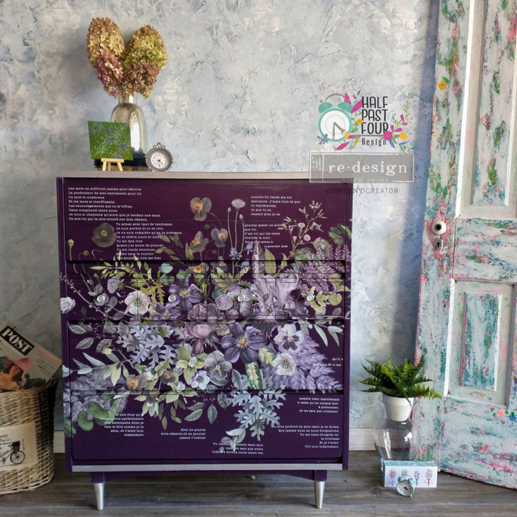 A dresser refurbished by Half Past Four Design is painted eggplant purple and features ReDesign with Prima's Vigorous Violet transfer on its drawers.