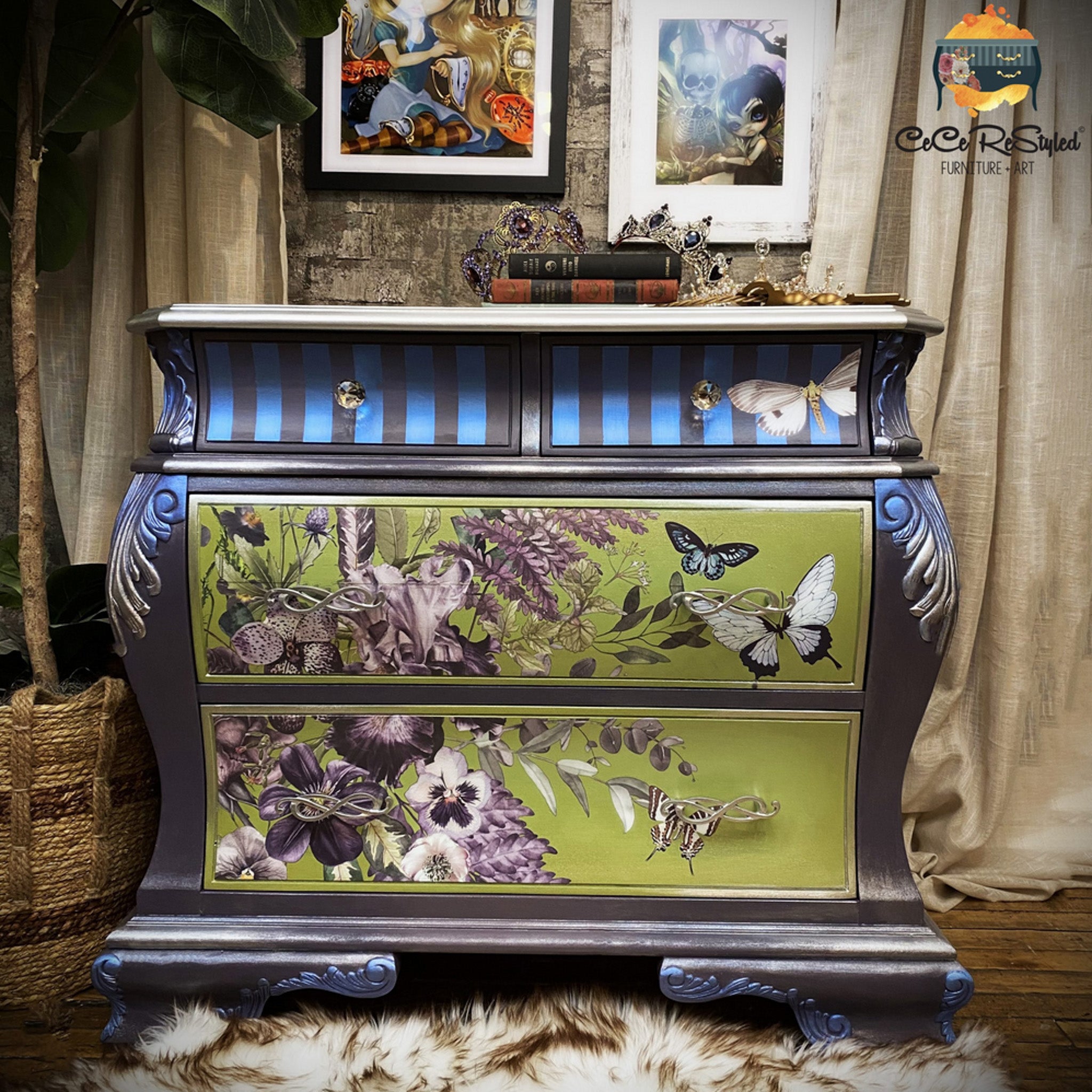 A vintage Bombay style dresser refurbished by CeCe ReStyled is painted dark grey with blue highlights and Spring green drawers and features ReDesign with Prima's Vigorous Violet on the drawers.