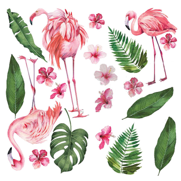 Small rub-on transfers of pink flamingoes, pink flowers and palm leaves. 