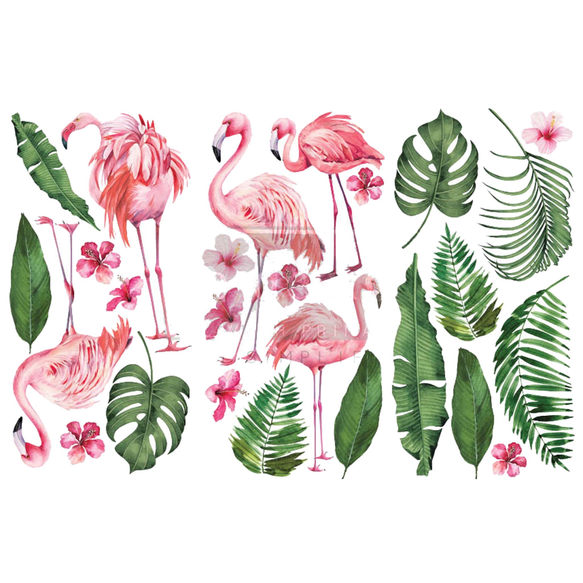 Small rub-on transfers of pink flamingoes, pink flowers and palm leaves. A white border is on the top and bottom.