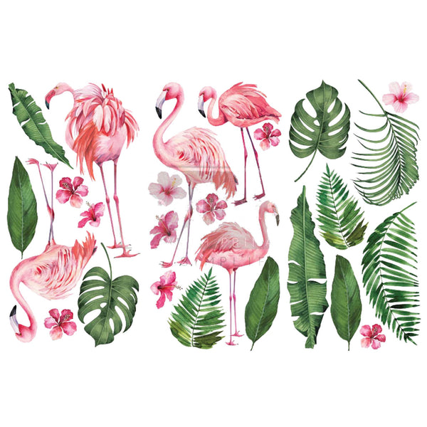 Small rub-on transfers of pink flamingoes, pink flowers and palm leaves. A white border is on the top and bottom.