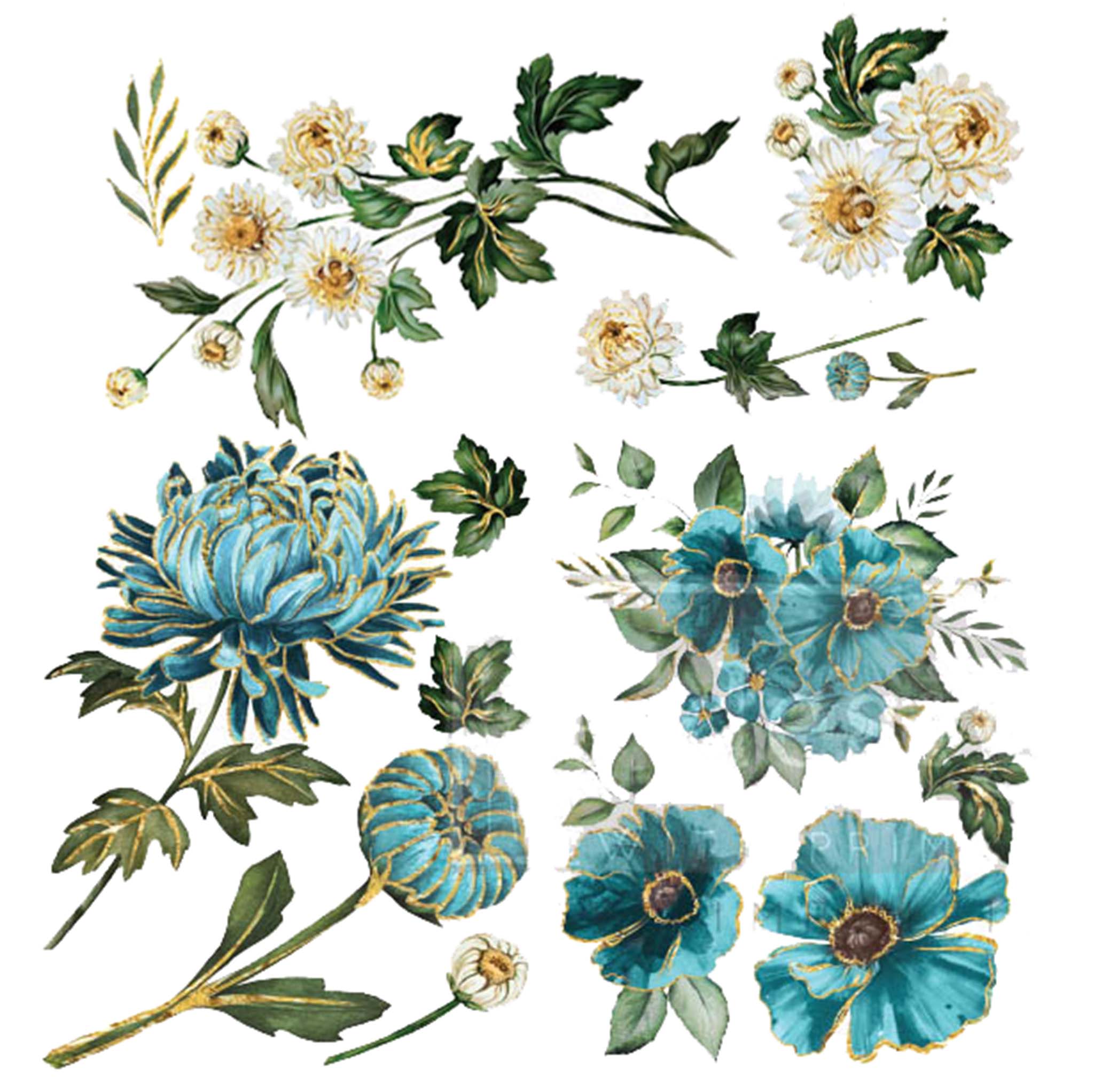 Small rub-on transfer of gold gilded blue and white flowers.
