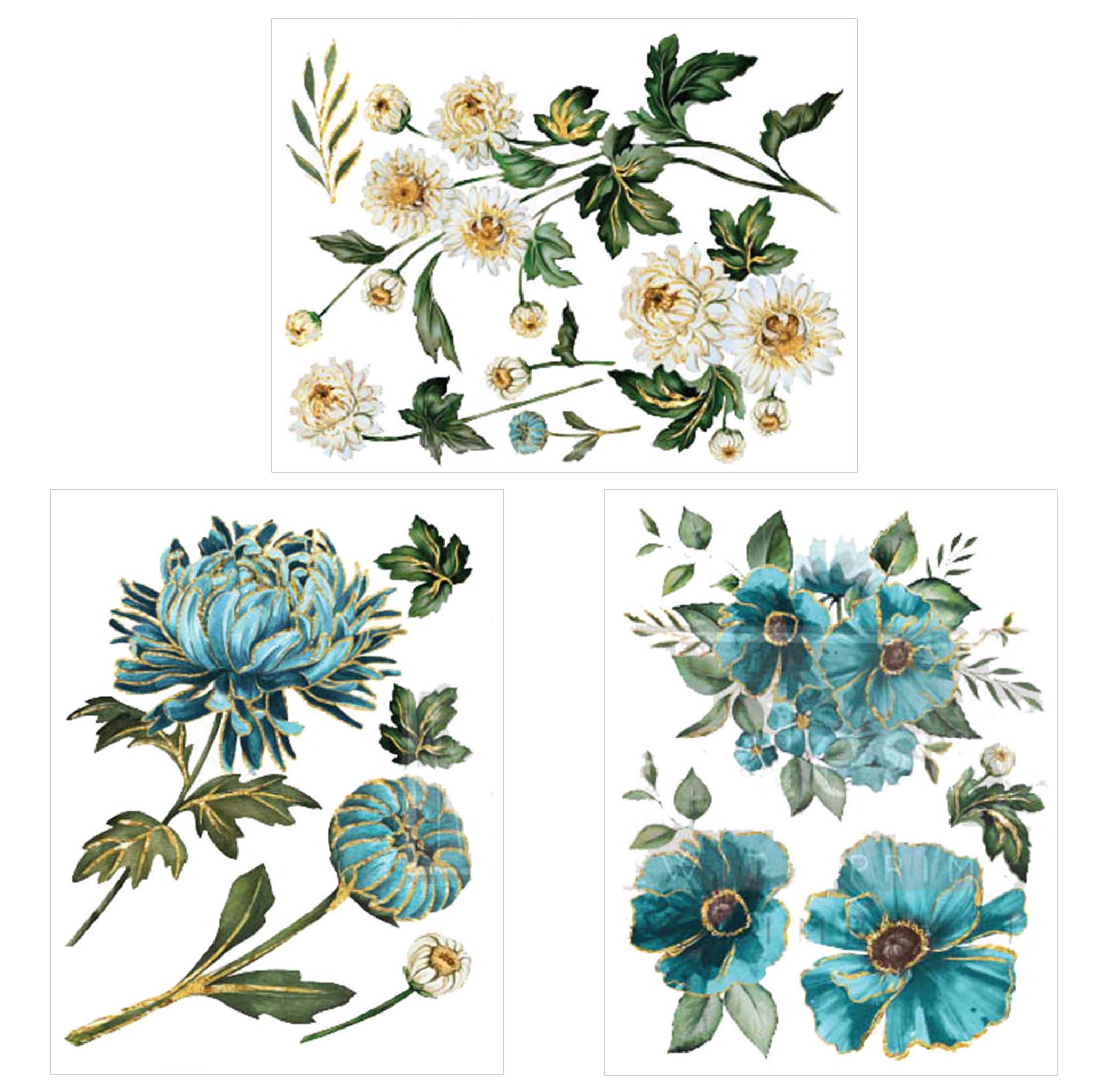 Three sheets of small rub-on transfer of gold gilded blue and white flowers.