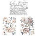 Small rub-on transfer of 3 designs featuring light colored flowers and leaves and script writing.