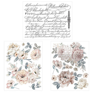 Small rub-on transfer of 3 designs featuring light colored flowers and leaves and script writing.
