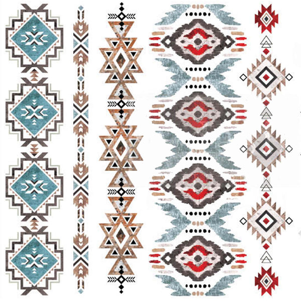 Small rub-on transfers of soft colored southwest tribal patterns.
