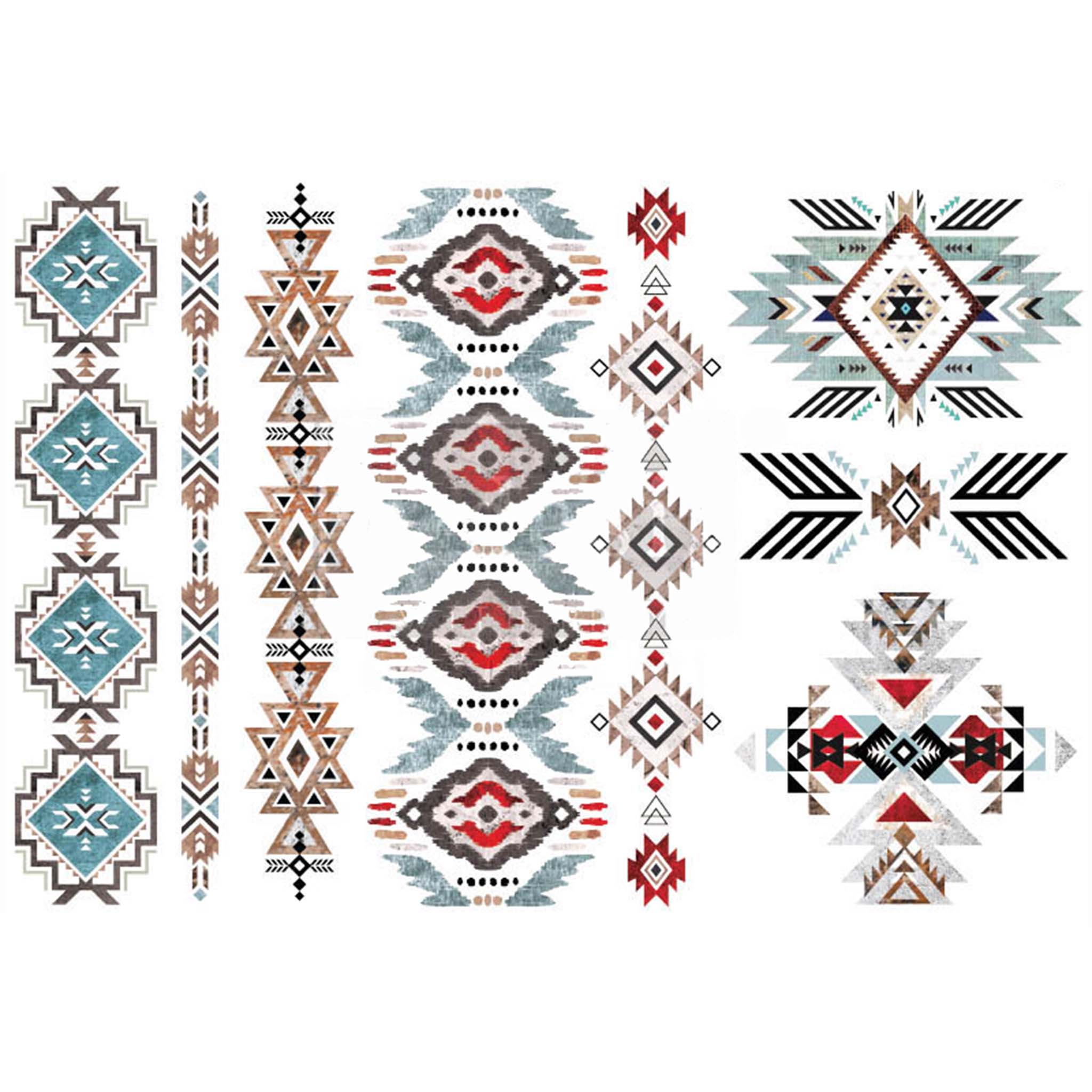 Small rub-on transfers of soft colored southwest tribal patterns. White borders are on the top and bottom.