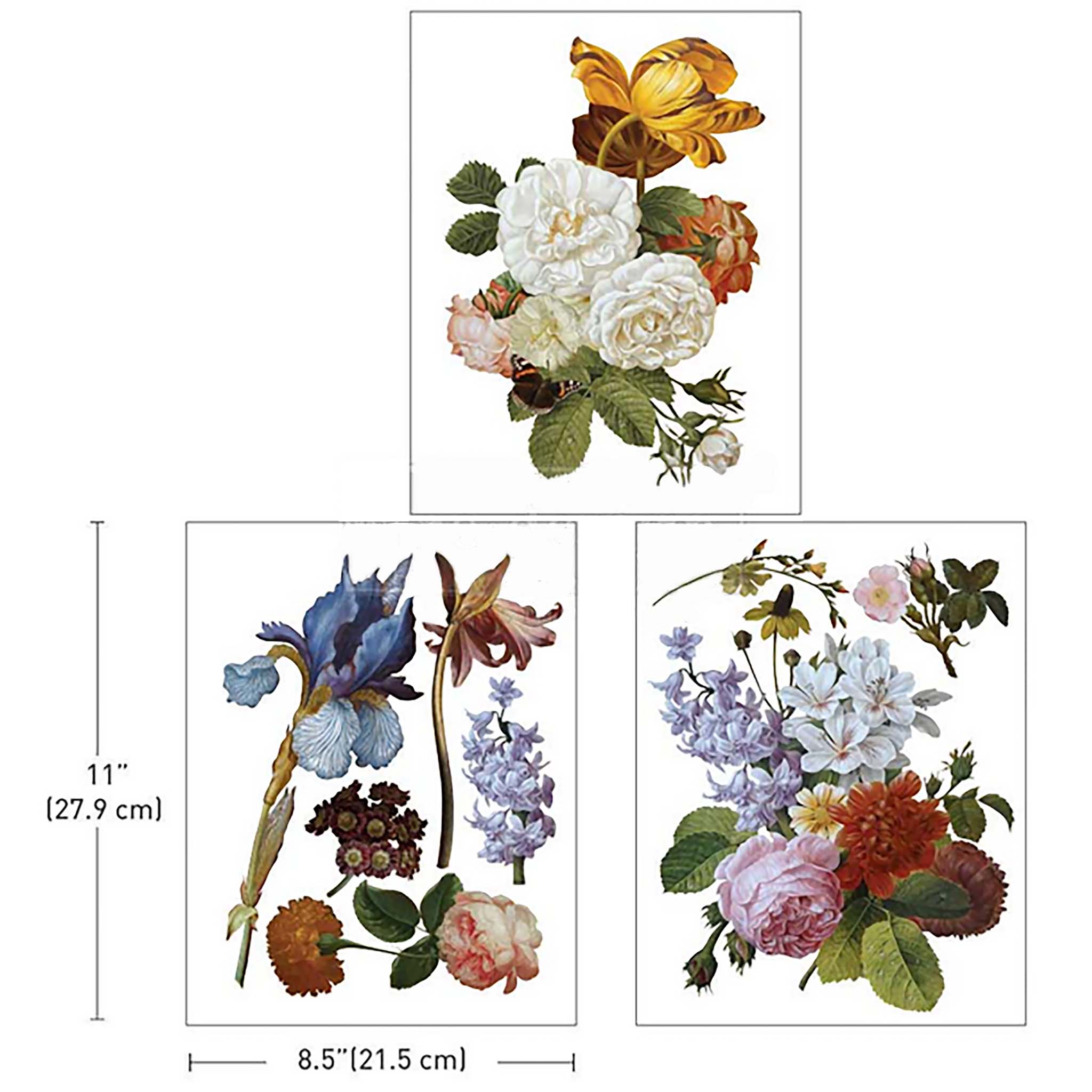 3 sheets of rub-on transfers featuring many deep colored wildflowers. Measurements for 1 sheet reads: 11" [27.9 cm] by 8.5" [21.5 cm].
