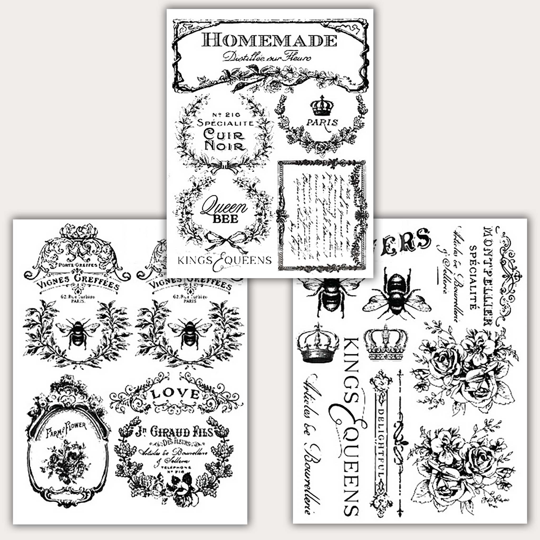 Small rub-on transfer design featuring 3 sheets of vintage French labels that feature bees, crowns, and roses.