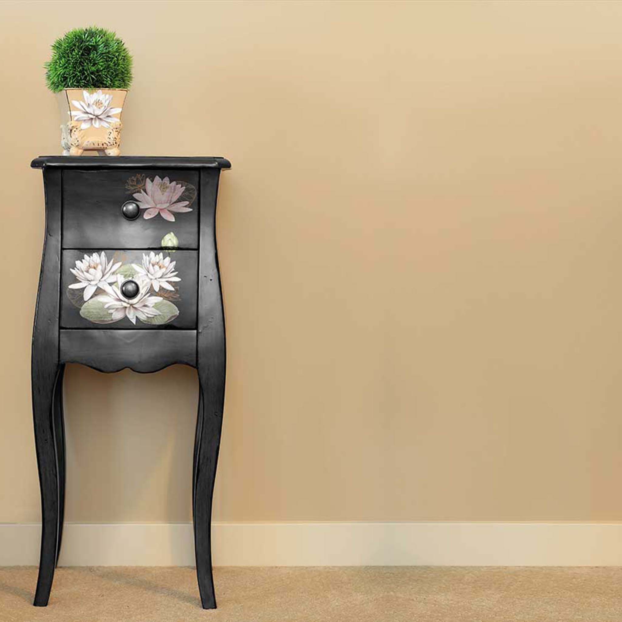 A small black nightstand features ReDesign with Prima's Water Lilies small transfer on its 2 drawers.