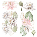 Small furniture transfers of pink and white water lily pads, flowers, and buds.