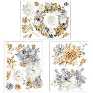 Three sheets of a rub-on transfer of a winter wreath, foliage, and floral bouquets with gold and silver floral details.