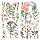 Close-up of a small rub-on transfer that features colorful wildflowers and butterflies.