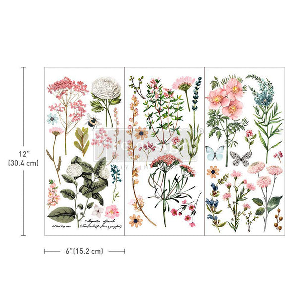 Three sheets of small rub-on transfers that features colorful wildflowers and butterflies. Light beige borders are on the top and bottom. Measurements for 1 sheet reads 12" [30.4 cm] by 6" [15.2 cm].