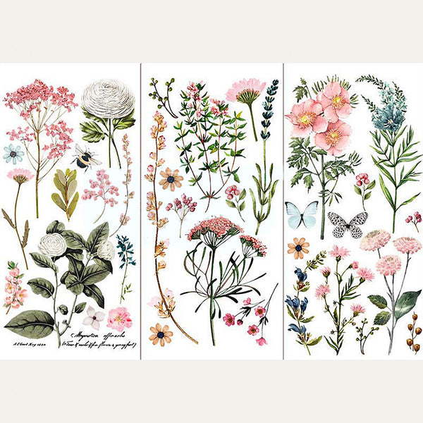 Three sheets of small rub-on transfers that features colorful wildflowers and butterflies. Light beige borders are on the top and bottom.