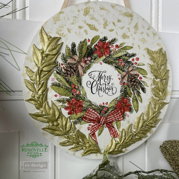 A wood circle craft created by Renovelle By Vilma, a ReDesign with Prima Brand Ambassador, features the Classic Christmas small transfer on it.