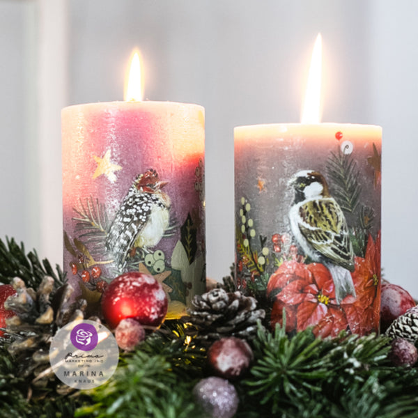Two wax candles feature the Classic Christmas small transfers on them.
