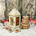 A candle lantern, 3 stackable circle boxes, 2 glass ornaments, and 3 heart shaped ornaments feature the Classic Christmas small transfer on them.