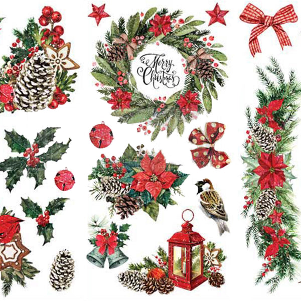 Small rub-on transfers of red and green classic Christmas wreaths, garland, bows, holly, bells, and lantern.