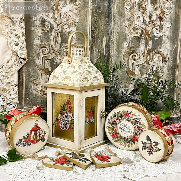 A candle lantern, 3 stackable circle boxes, and 3 heart shaped ornaments feature the Classic Christmas small transfer on them.