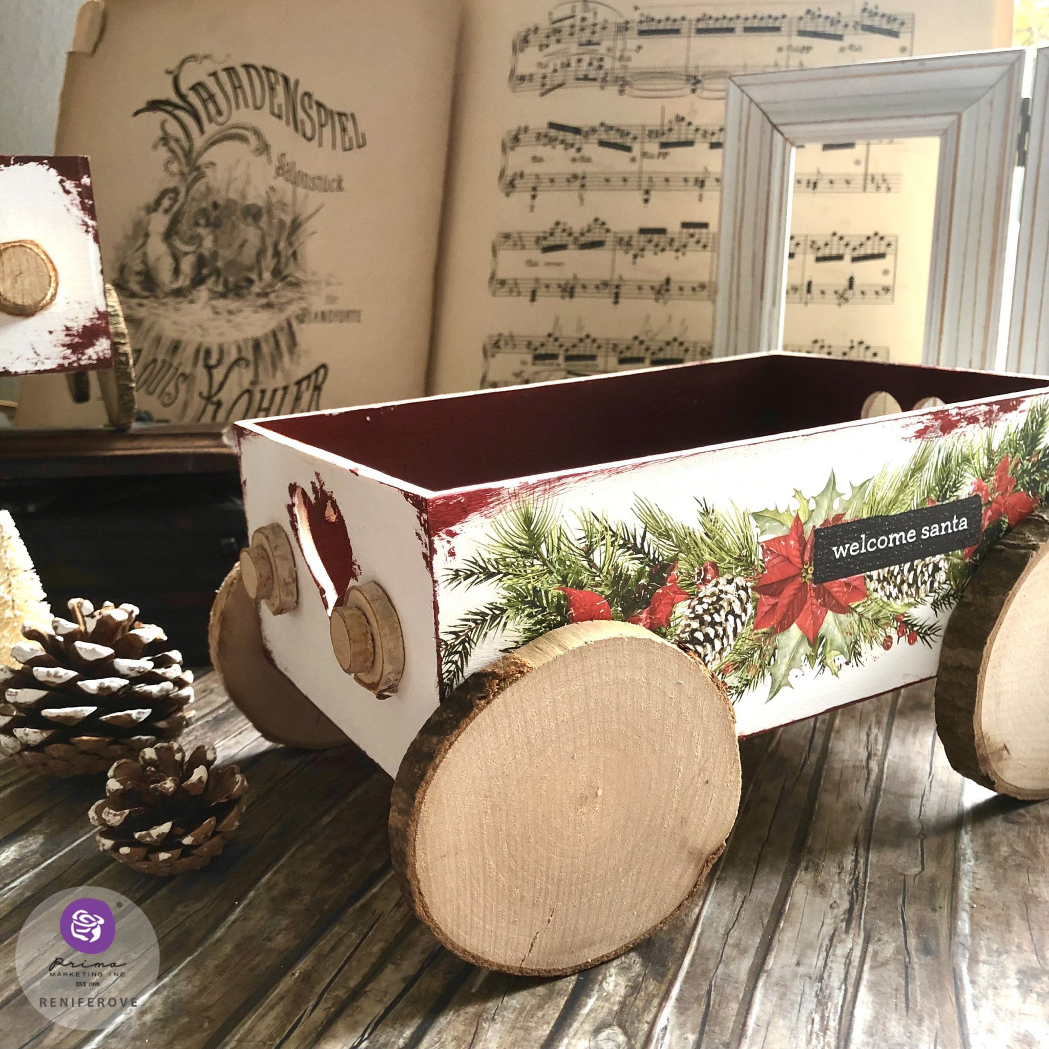 A small wood toy wagon features the Classic Christmas small transfer on it.