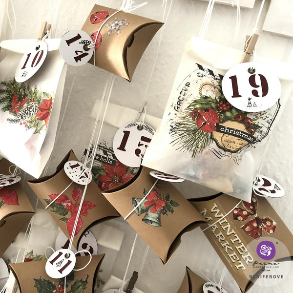 Close-up of a bird house calender craft features the Classic Christmas small transfer on it.