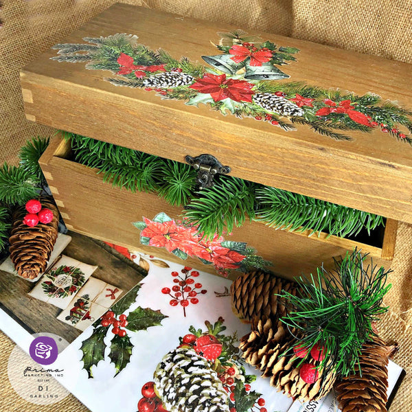 A wood box is stained a natural wood color and features the Classic Christmas small transfer on it.