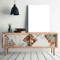 A vintage tv consol is different natural wood colors and features the Classic Peach Flowers small transfer on its doors.