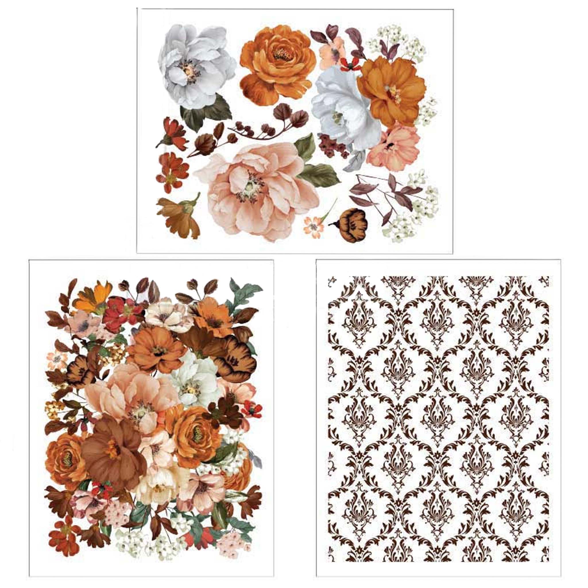 Three sheets of small rub-on transfers of peach and brown colored flowers and a brown damask design.