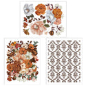 Three sheets of small rub-on transfers of peach and brown colored flowers and a brown damask design.